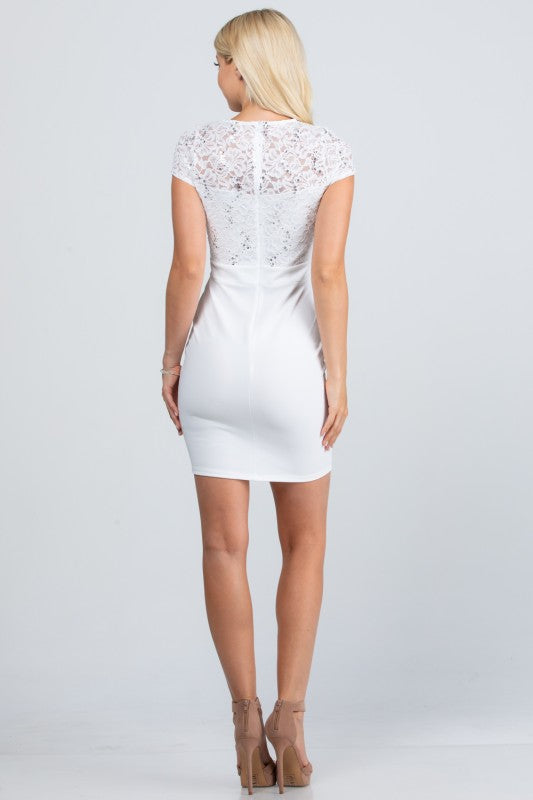 short sleeve lace and scuba crepe Remi pencil dress
