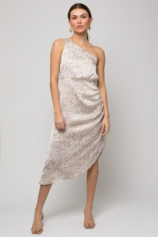 Sleeveless One Shoulder Abstract Print Dress