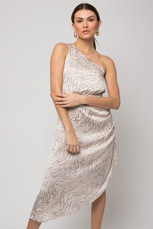 Sleeveless One Shoulder Abstract Print Dress