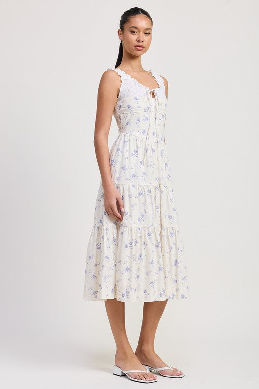 MIXED MEDIA EYELET PEEKABOO MIDI DRESS