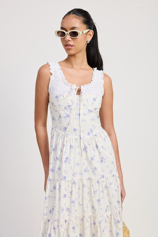 MIXED MEDIA EYELET PEEKABOO MIDI DRESS