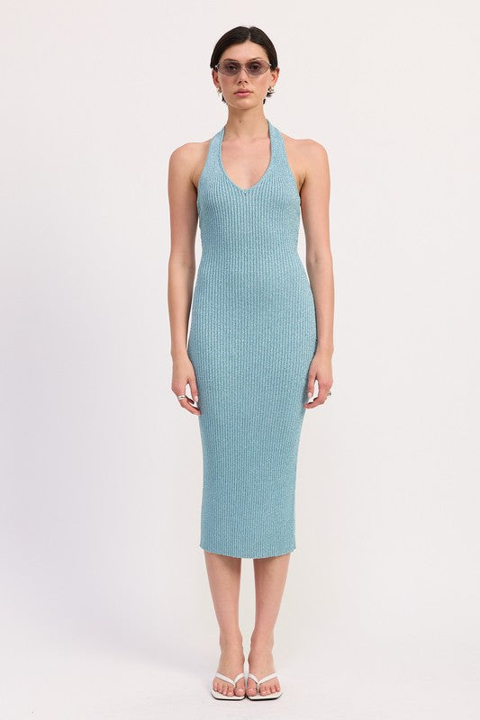 KNIT HALTER BODYCON MIDI DRESS