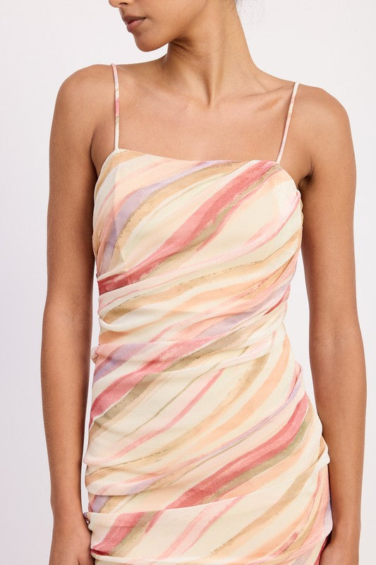 RUCHED MESH MIDI DRESS WITH ADJUSTABLE STRAPS