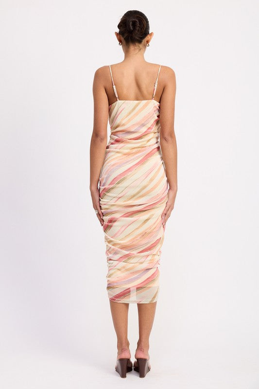 RUCHED MESH MIDI DRESS WITH ADJUSTABLE STRAPS