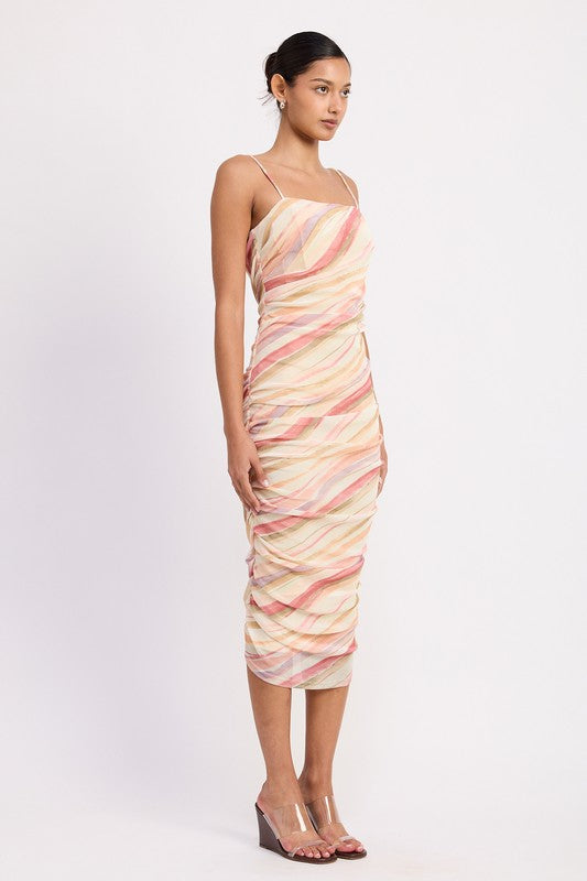 RUCHED MESH MIDI DRESS WITH ADJUSTABLE STRAPS
