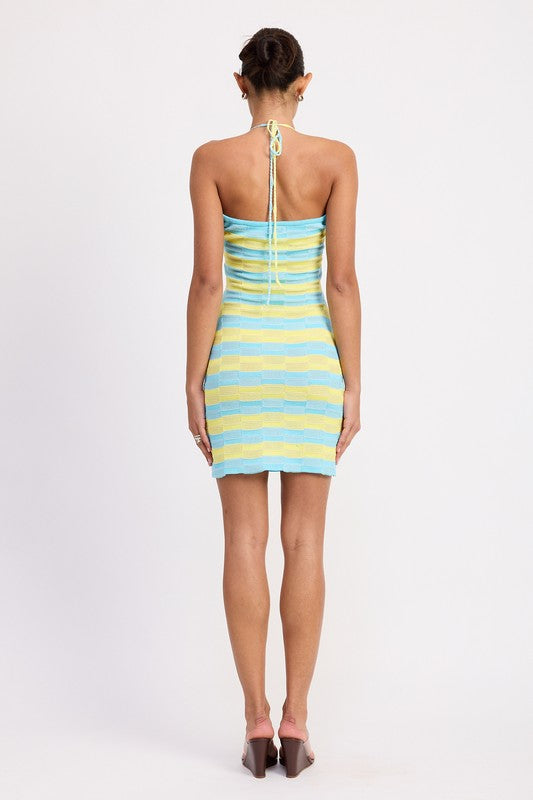 LACE TRIM HALTER MINI DRESS WTIH FRONT CUTOUT
