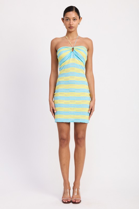 LACE TRIM HALTER MINI DRESS WTIH FRONT CUTOUT